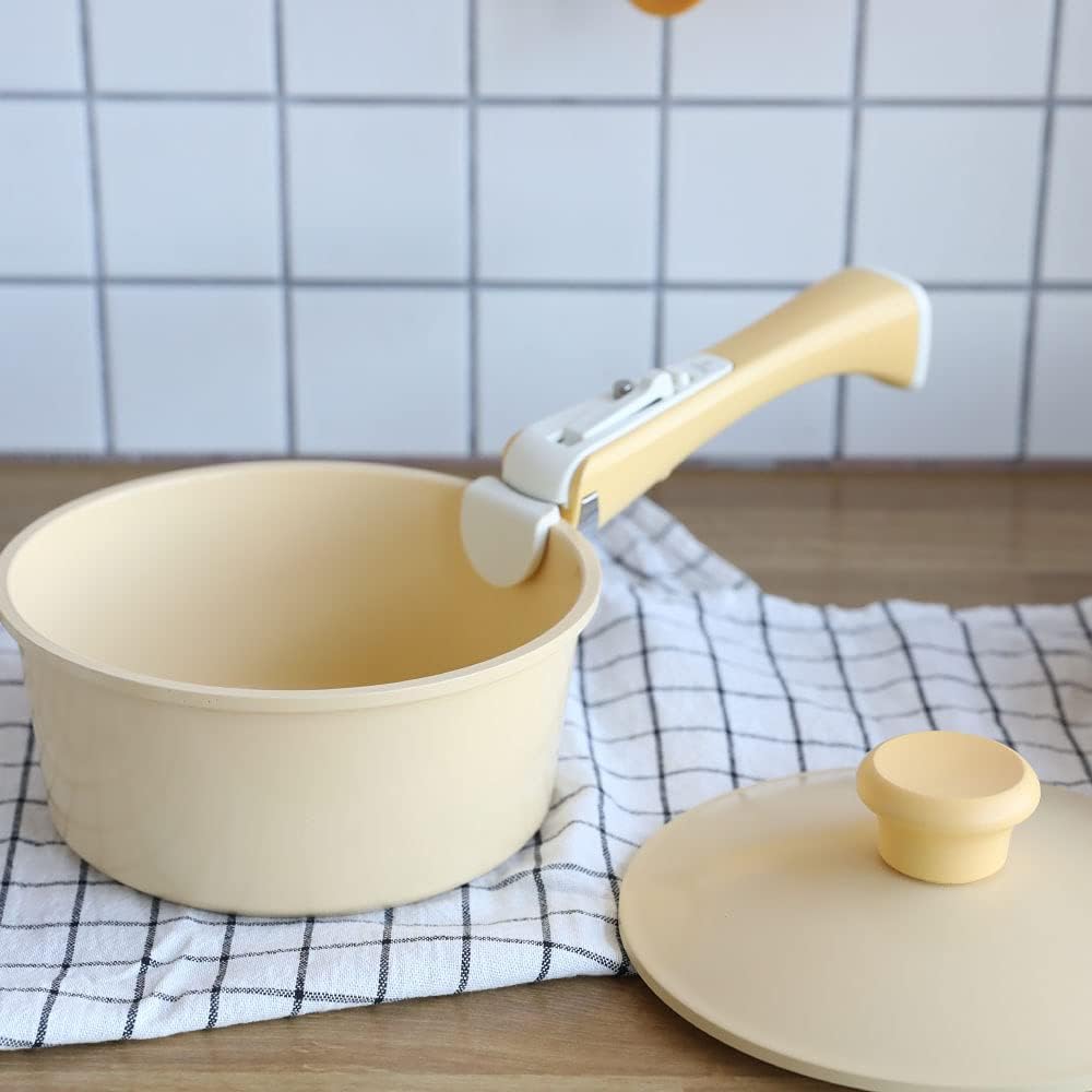 IH Compatible Frying Pan Lid 5 Piece Set Ceramic 6 Layer Coating Color Pan 18-26cm Removable Handle Household Pot Set for Living Alone KITCHEN CHEF Lemon Yellow Color