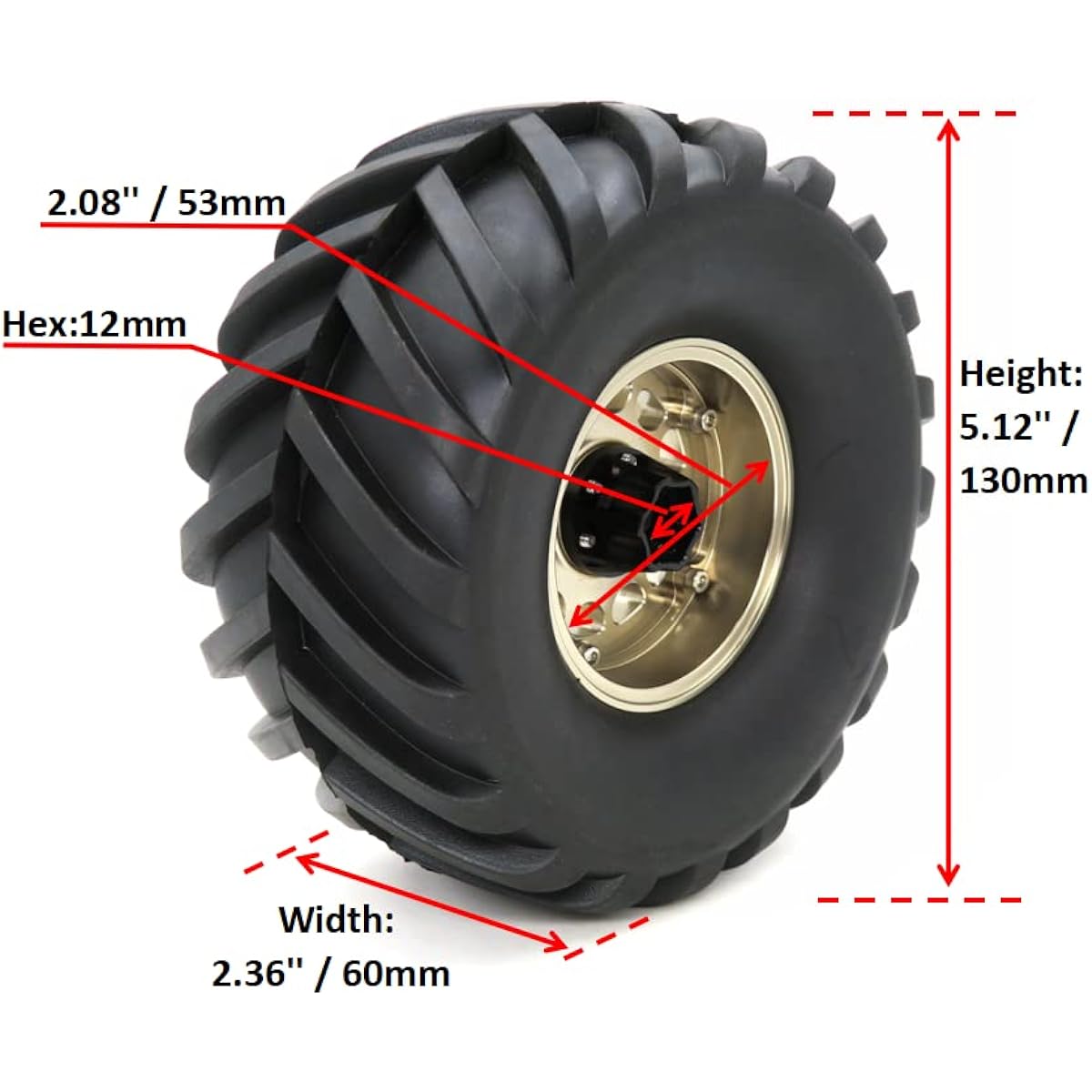 HOBBYSOUL Adjustable 4 Offset 2.2 Beadlock Wheels and Tires Champagne 2.2 Rims and Tires 5.12" / 130mm Height for RC Mud Crawler Trail Tractor Axial Capra Race (Pack of 4, Pre-assembled)