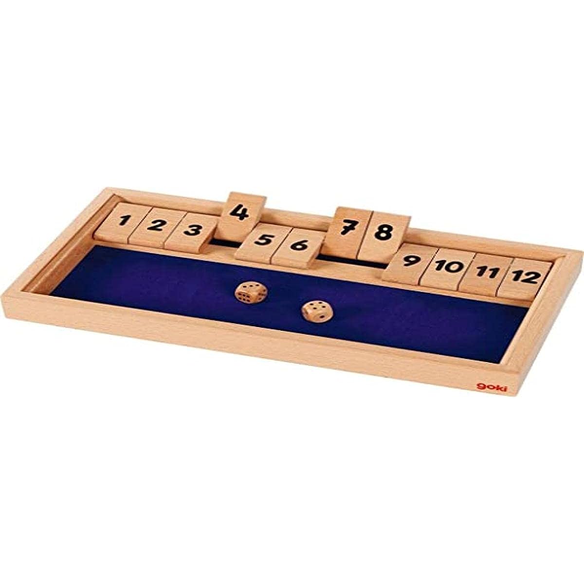 Goki 56651 Dice Game Shut The Box 12.75 x 6.8 x 1.25 Inch Wooden Dice 2-Piece Natural/Blue