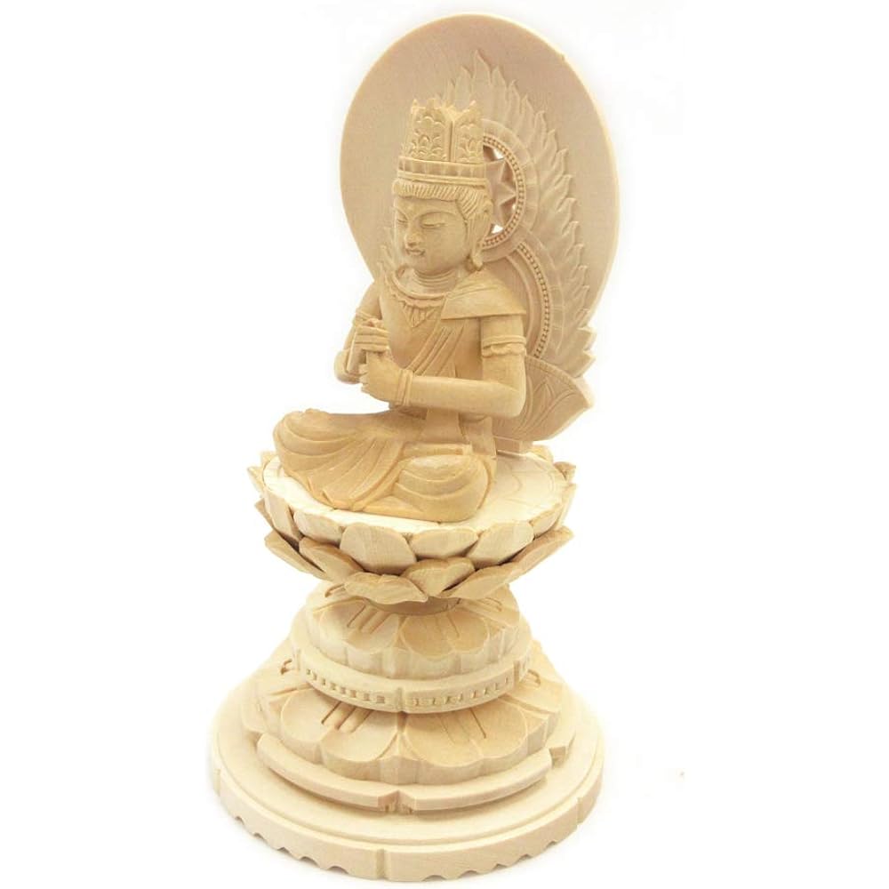 Kurita Specialty Buddha Statue [Tathagata] (Vajra World) Dainichi Nyorai Seated Statue 2.0 dimensions (Total Height 18cm, Width 10cm, Depth 9cm) High quality wood carving made of Japanese cypress, Sunlight halo round stand 5662
