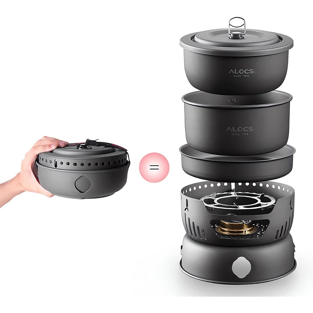 Alocs Camping pot set CW-C05 Camping cooker set For 2 to 4 people Alcohol burner (CW05 + additional chopsticks)