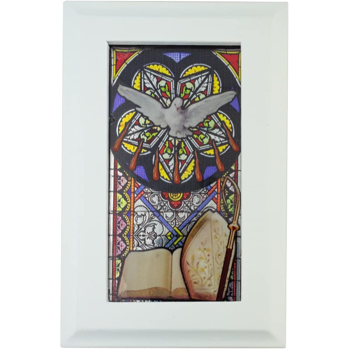Confirmation Music Box | Beautiful Stained Glass Foil Image of Holy Spirit Dove | Rolls up and opens for music | Velvet Lined Space for Jewelry and Trinkets | Catholic Decor and Keepsake (White)