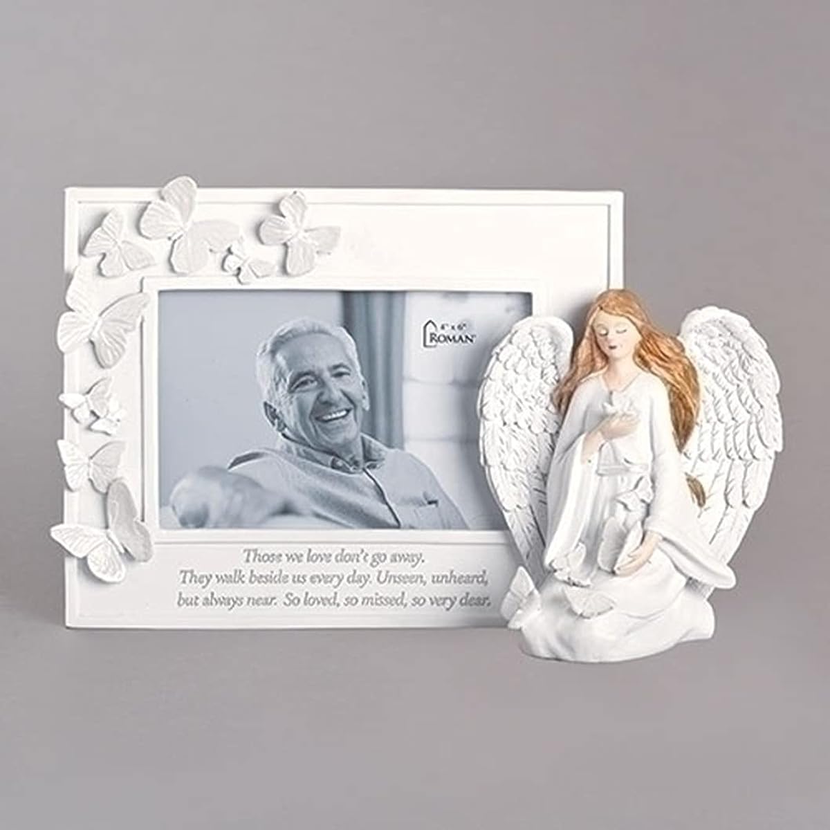 Roman 12505 Butterfly Memorial Frame with Angel, 6.75" Tall, Resin and Stone Mix
