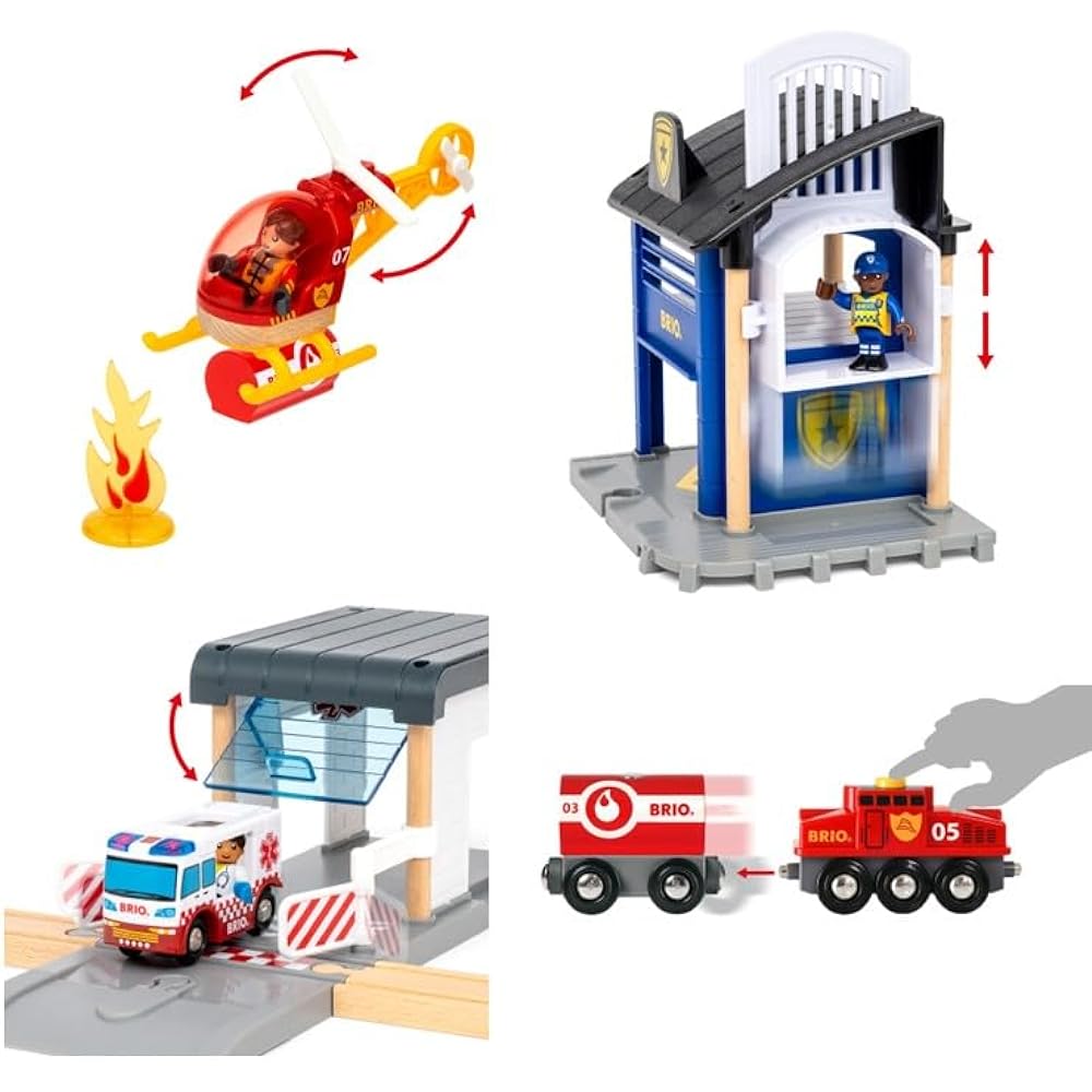 BRIO WORLD Rescue Team Set 36025 [44 pieces in total] Ages 3 and up (Electric vehicle, train, toy, wooden rail) Red, Green, Blue, Yellow
