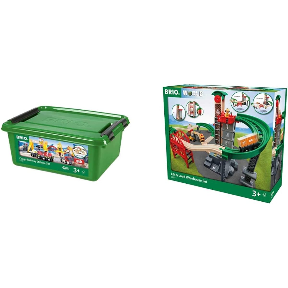 BRIO WORLD Cargo Rail Deluxe Set [54 pieces] Ages 3 and up (Electric train, toy, wooden rails) 33097 & WORLD Warehouse Rail Set Ages 3 and up (Toy train, wooden rails) 33887 [Set purchase]