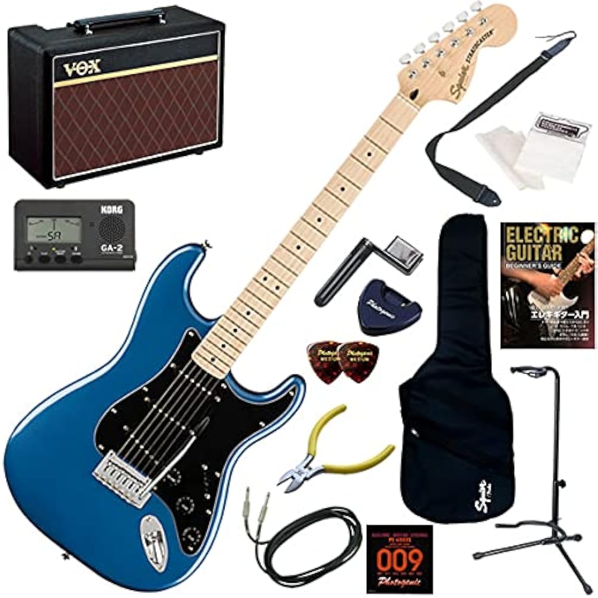 Squier Electric Guitar Beginner's Set: 14-piece set including VOX Pathfinder10, Affinity Stratocaster/HB (Honey Burst)
