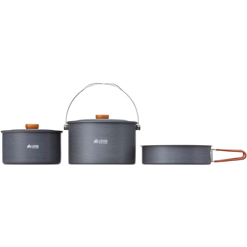 LOGOS Family Cooker Set 81210209 Gray Size: [Large pot] (approx.) width 22.5 x depth 20.7 x height 24 cm, [small pot] (approx.) width 28 x depth 18 x height 12 cm, [frying pan] (approx.) width 31.5 x depth 21.7 x height 5.5cm