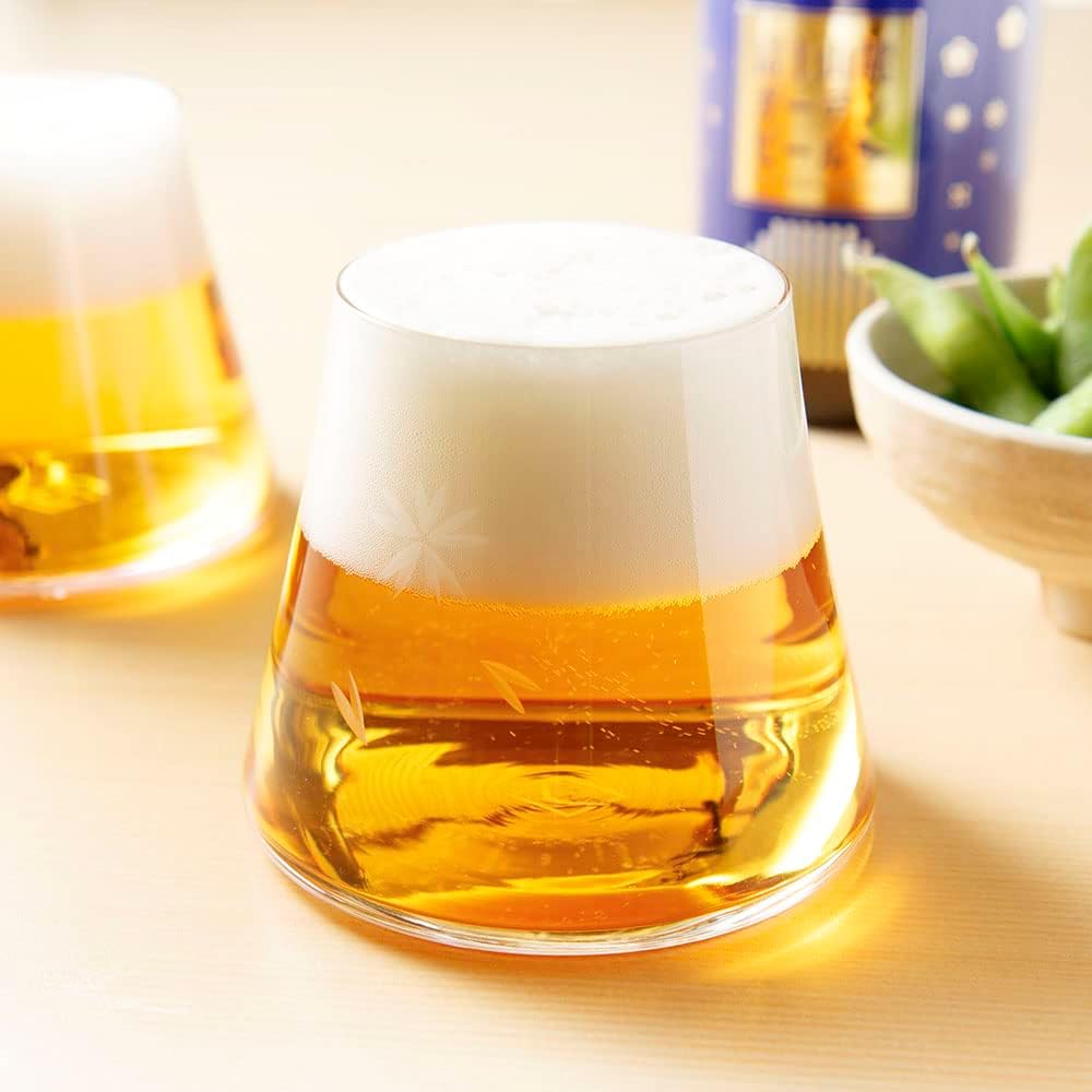 [Handmade Edo Glass] Mt. Fuji appears when you pour beer! Tajima Glass Mt. Fuji Hoei Glass Pair with wooden box Clear + Sakura color