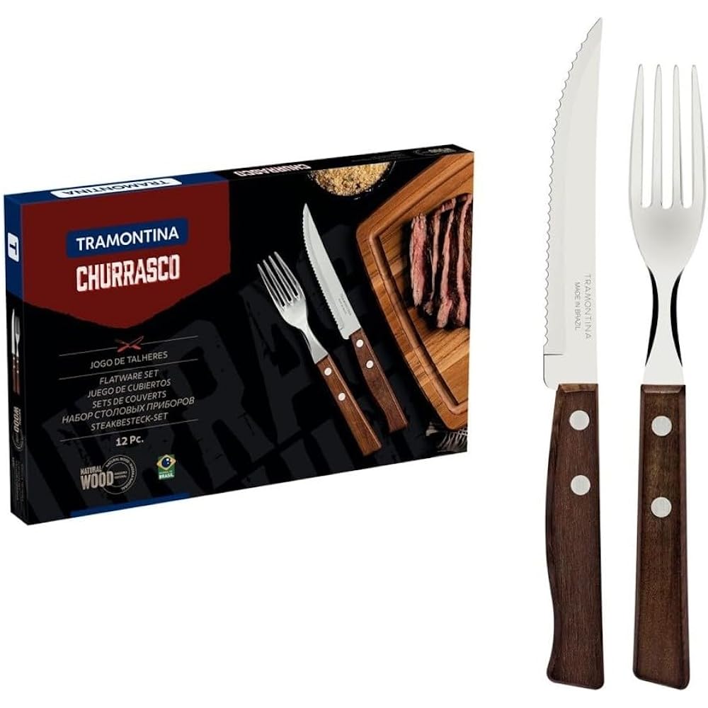 Tramontina Traditional Heavy Duty Natural Wood Handle Steak Knife 21cm & Table Fork 19cm Set of 12 3 Degree Heat Treated Knife Boxed Durable Lightweight Made in Brazil 22299/002 TRAMONTINA
