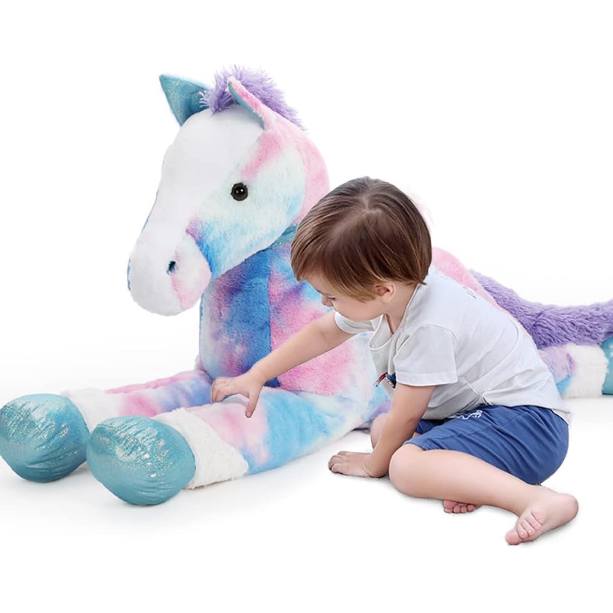 Tezituor 4ft Giant Stuffed Horse Plush Toy, Large Pony Plush Toy, 47 Inch Blue Soft Horse Plush Toy, Gift for Kids Girlfriend