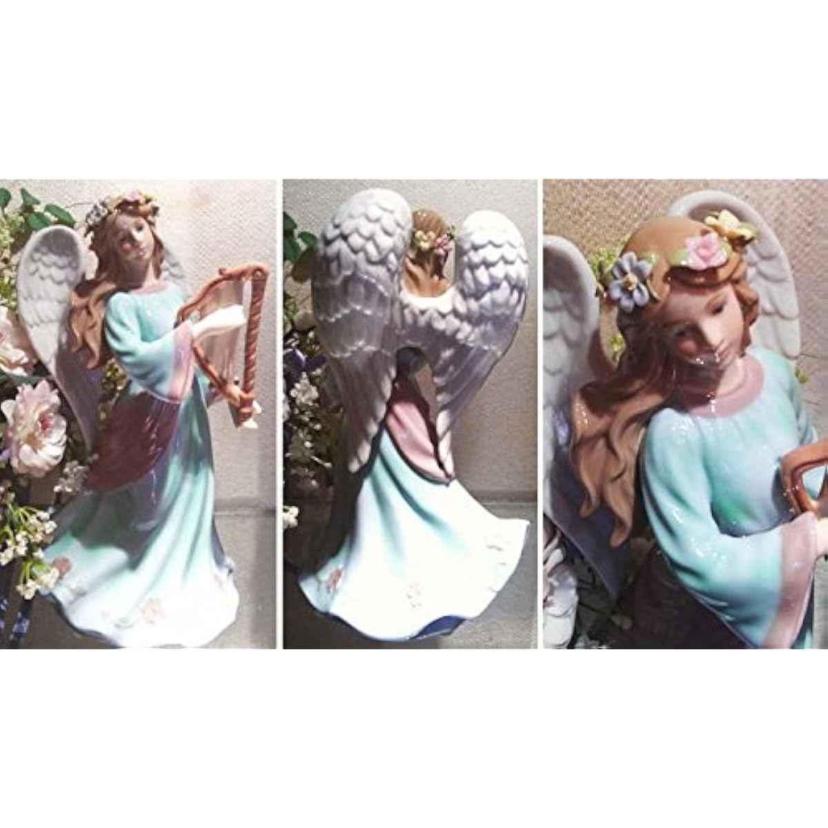 Porcelain angel figurine playing the harp with music box