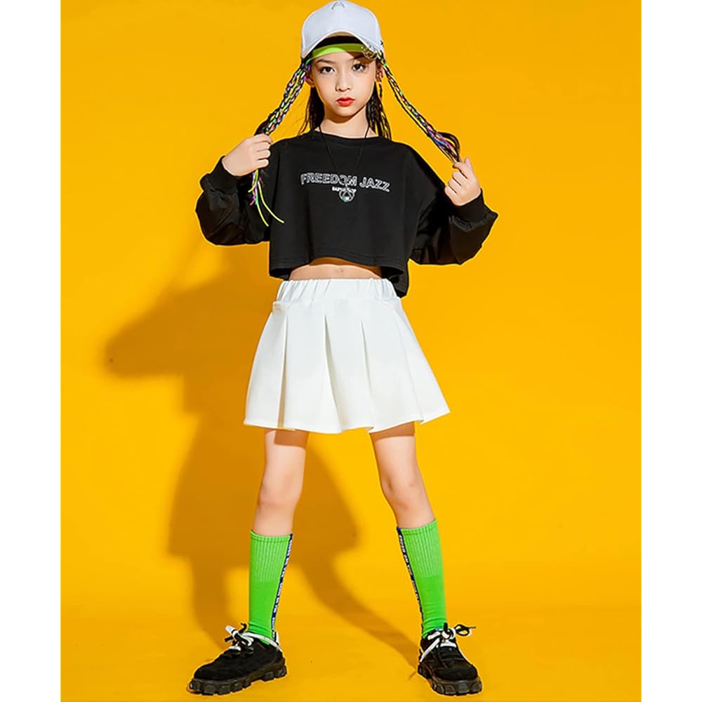 [YuWan] Dance Costume, Kids Setup, Girls' Skirt, Long Sleeve, Sweatshirt, Navel Baring, Top and Bottom Set, Girls' Jersey, Dancewear, Jazz Dance Clothes, Hiphop, Children, Korean Clothes, Stylish