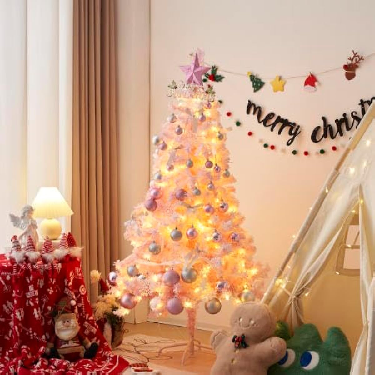 TOTITOM Christmas Tree, 120cm Christmas Tree, Christmas Gift, Ornament Set, Cute with LED Lights, Stylish, with Electric Decorations, High Quality, Large Number of Branches, Easy to Assemble, LED, Bright (Pink) (Delivery in 2-5 Days)