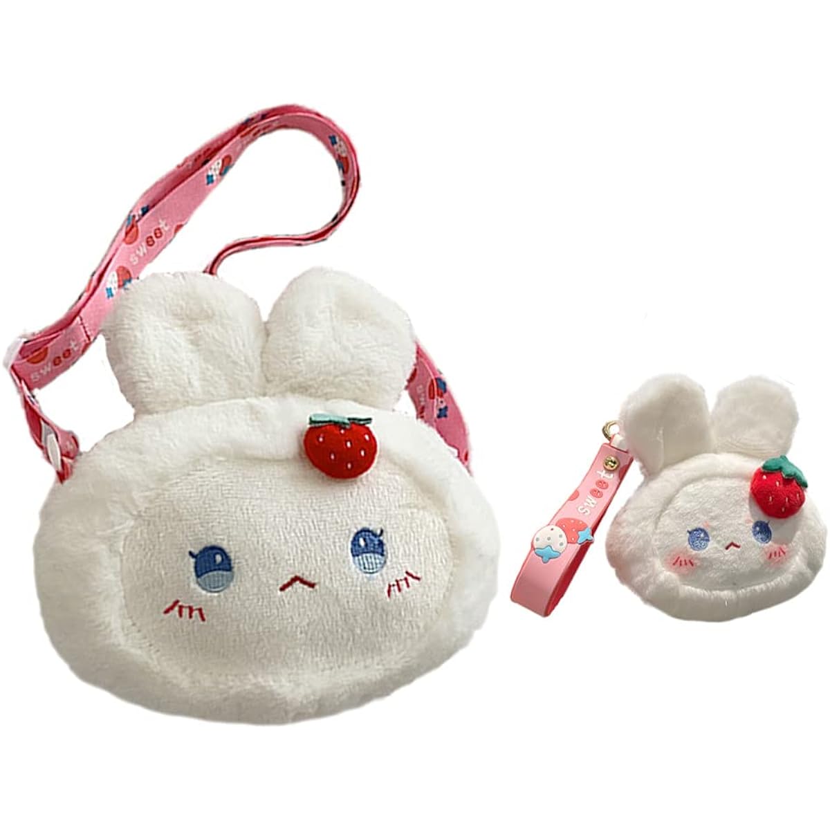 OANEXX Plush Doll Coin Purse Cute Strawberry Bear Rabbit Corse Body Bag Cute Mini Keychain Wallet Cartoon Plush Bag 2pcs, White, Kawaii.