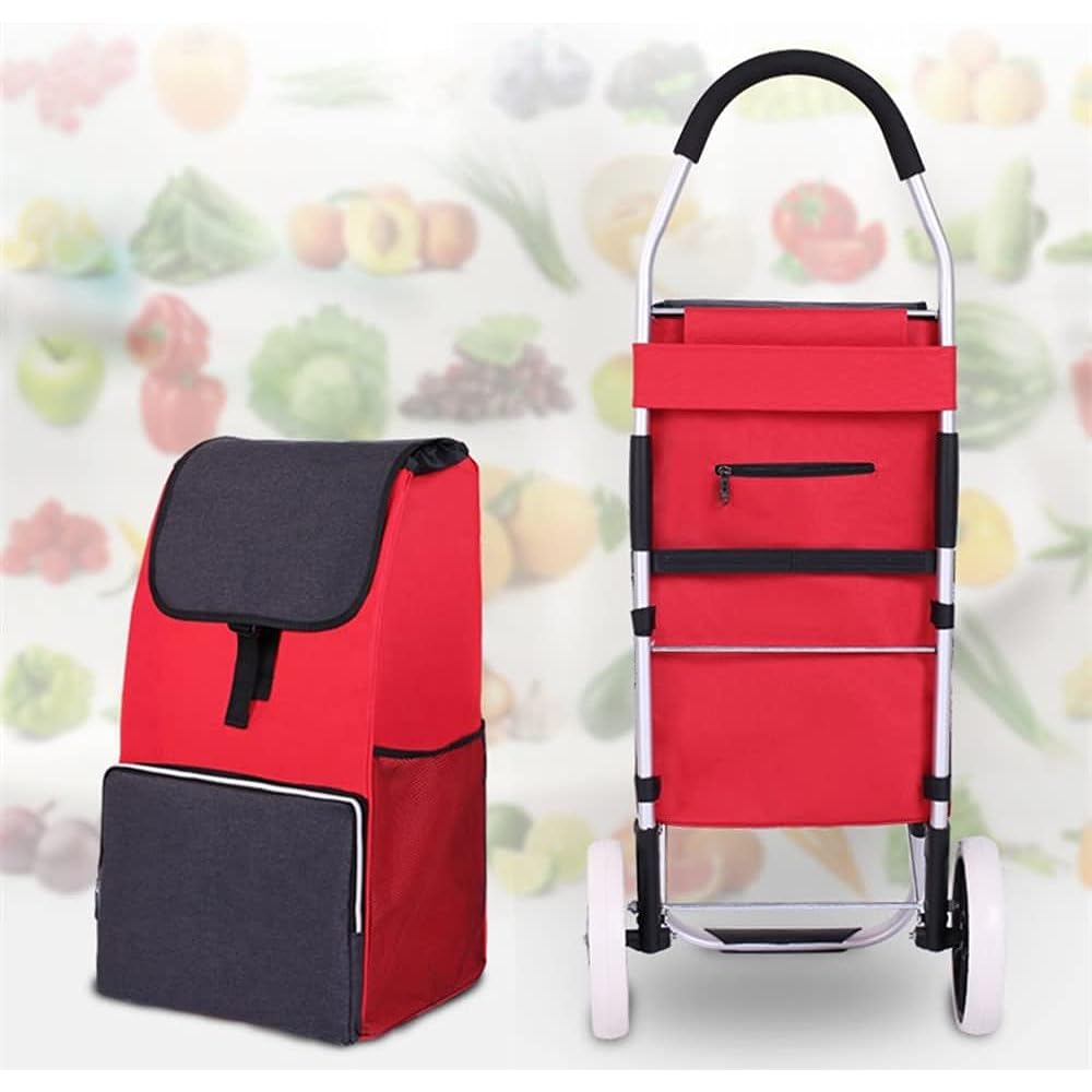 Falytemow Foldable Shopping Cart with Wheels Oxford Fabric Trolley Bag Foldable Reusable Tote Bag Shopping Cart for Travel Home Kitchen Supermarket (Black and Red)