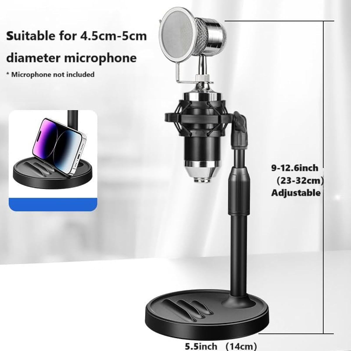 BGGCHEECA MC-S [11.4"] Upgraded 2-in-1 Desktop Microphone Stand Adjustable Mic Stand with Pop Filter Shock Mount Mic Clip 3/8" to 5/8" Metal Screw Adapter Phone Stand
