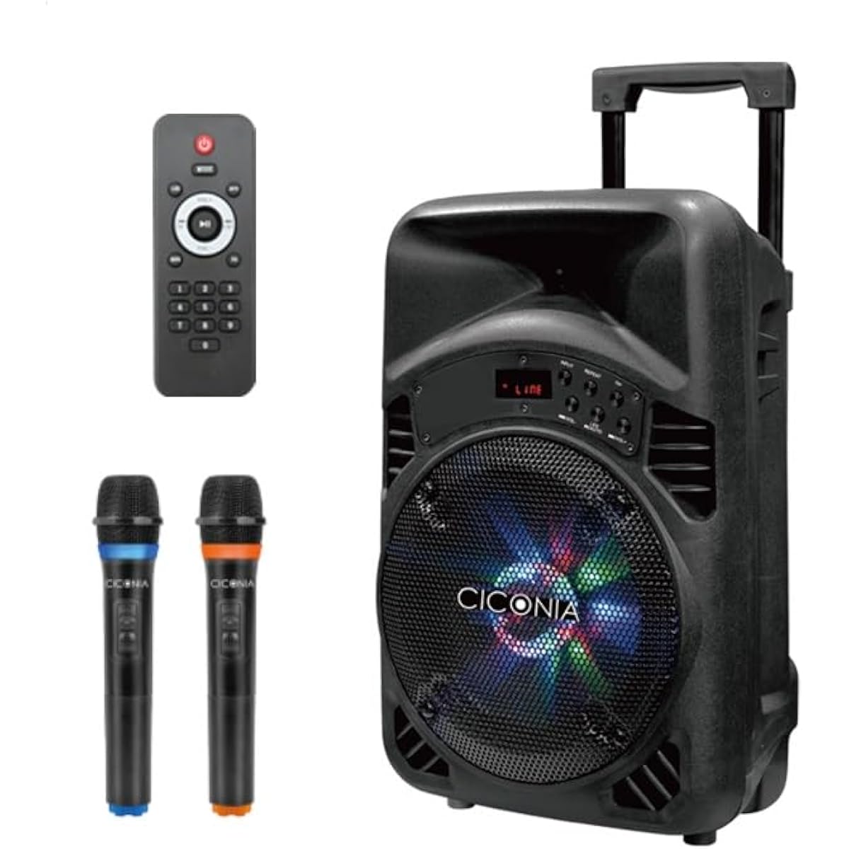 CICONIA Trolley Speaker CTX08BS with 2 Wireless Microphones, Remote Control, Bluetooth, LED Light, Indoor, Outdoor, Meeting, Music Playback, Karaoke, Portable Speaker, PA Speaker