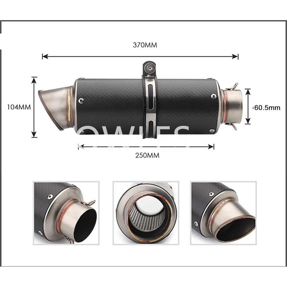 OWLES Slip-on Muffler Motorcycle Silencer 60.5mm 370mm General Purpose Stainless Steel + Carbon Motorcycle Exhaust Pipe Exhaust Pipe Band Included (D, 60.5mm)