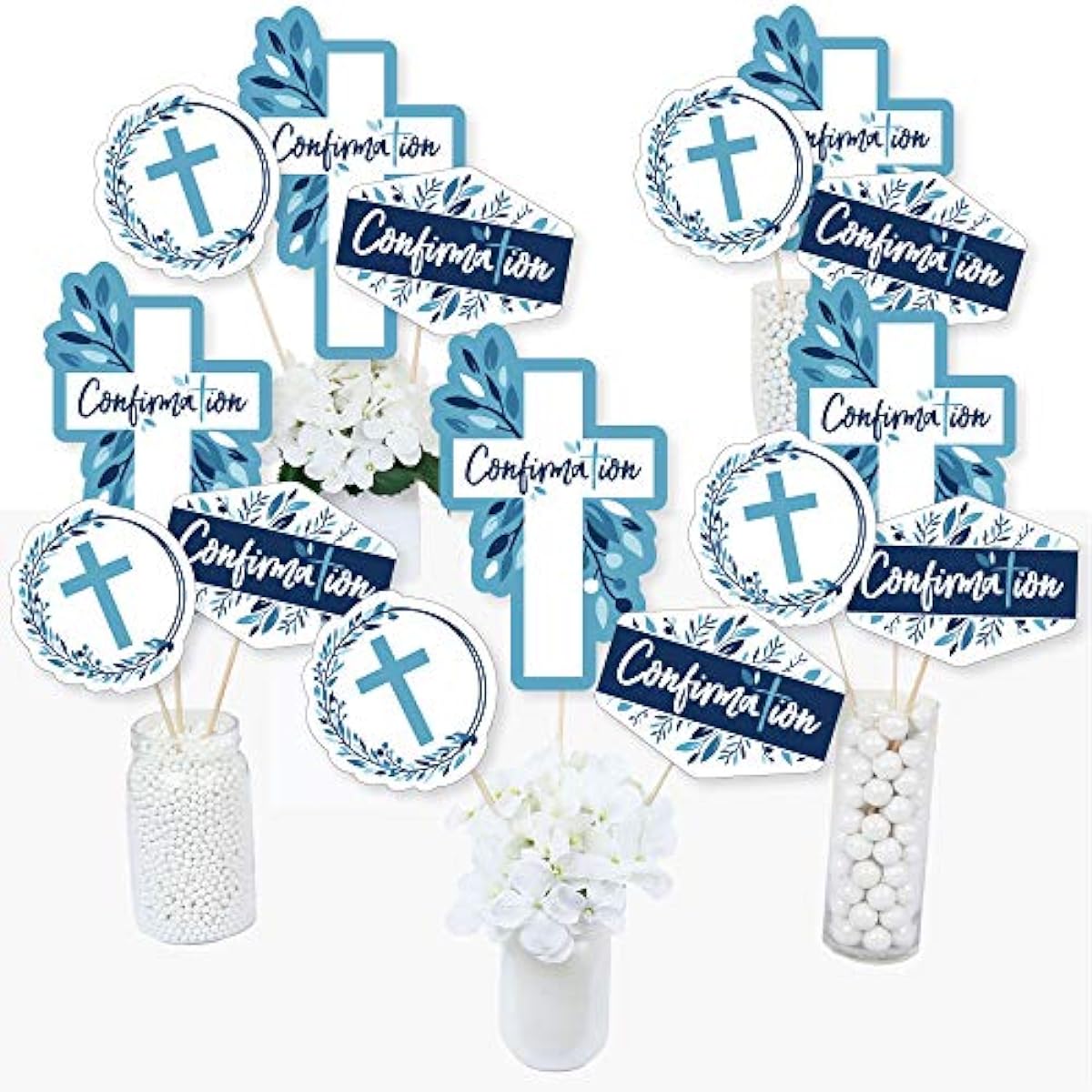 Confirmation Blue Elegant Cloth - Boys Religious Party Centerpiece Stick - Table Topper - Set of 15