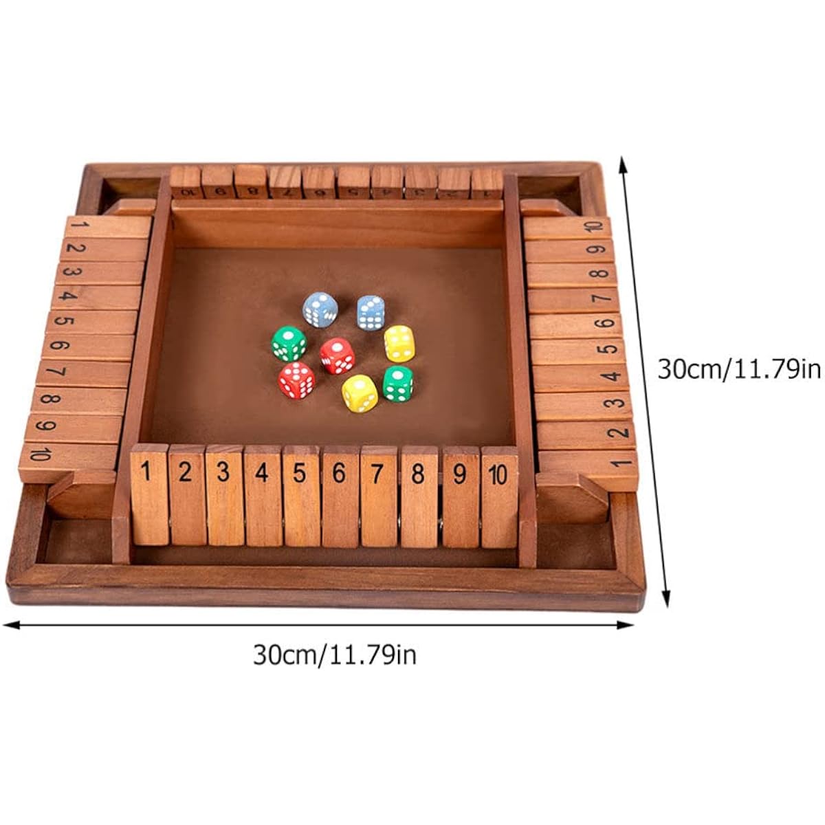 Kisangel Shut The Box Dice Game Wood: 4 Sided Large Wooden Board Game with 8 Dice, Close the Box, Rules (2-4), Fun Game for Kids and Adults, Learning Addition, Coffee