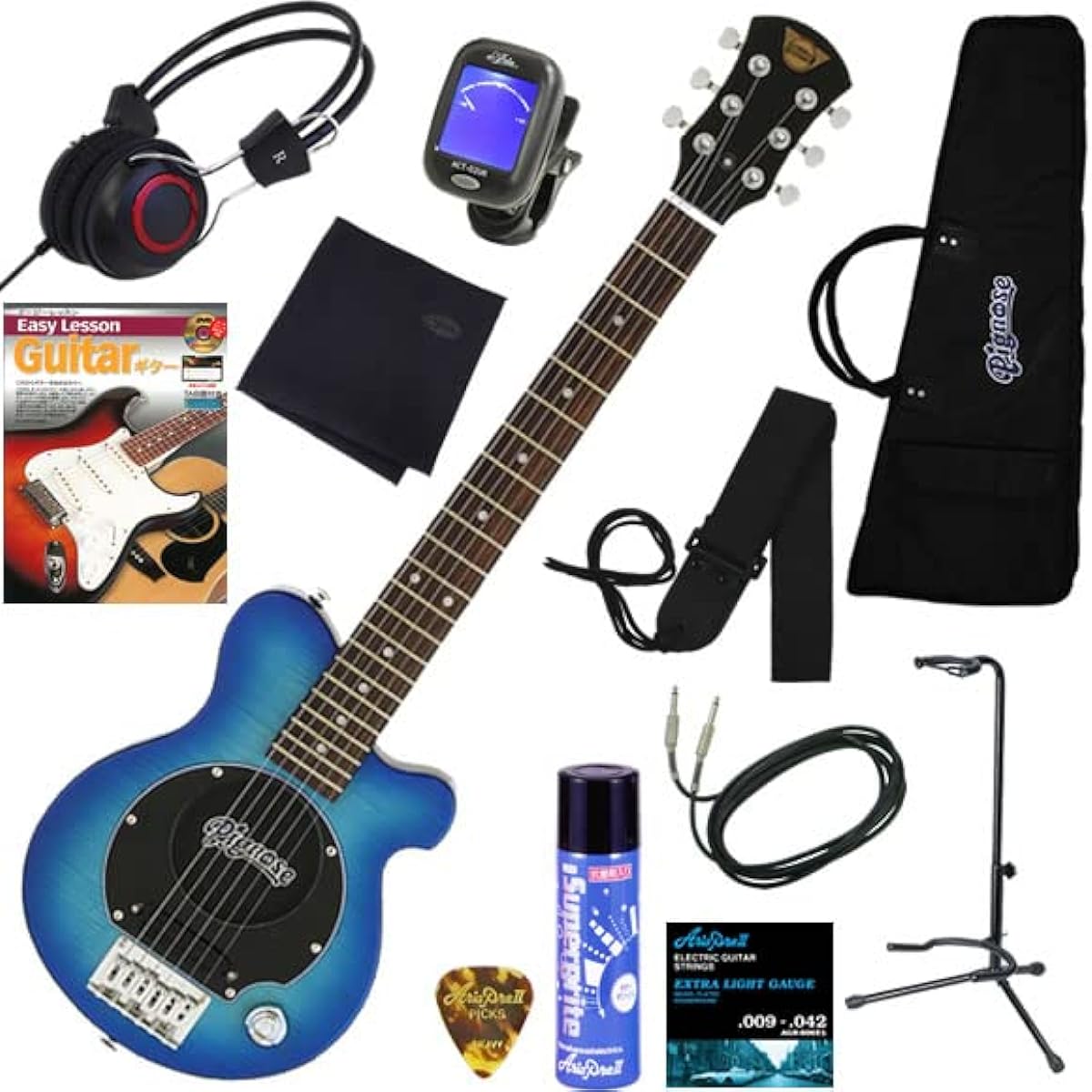 PIGNOSE electric guitar with built-in amplifier Beautiful flame maple top Comes with headphones so you can play without worrying about playing at night Complete 12-piece set PGG-200FM/SBL (see-through blue)