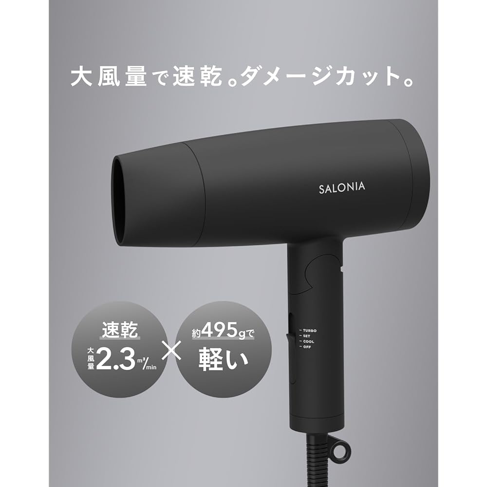 SALONIA | Speedy Ion Dryer [Black] Hair Dryer Large Air Volume Quick Drying Lightweight Negative Ion SL-013BK