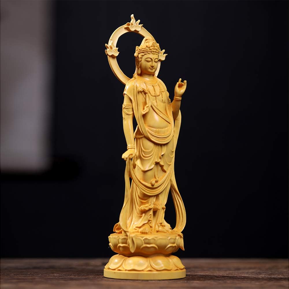FunLo Hanro Art Sculpture Buddha Statue Buddhist Altar Statue Seishi Bodhisattva Wooden Sculpture Wood Carving Protective Principal Image Feng Shui Good Luck Tsuge Tree Handmade (Height 23cm x Width 7.6cm x Depth 5.7cm)