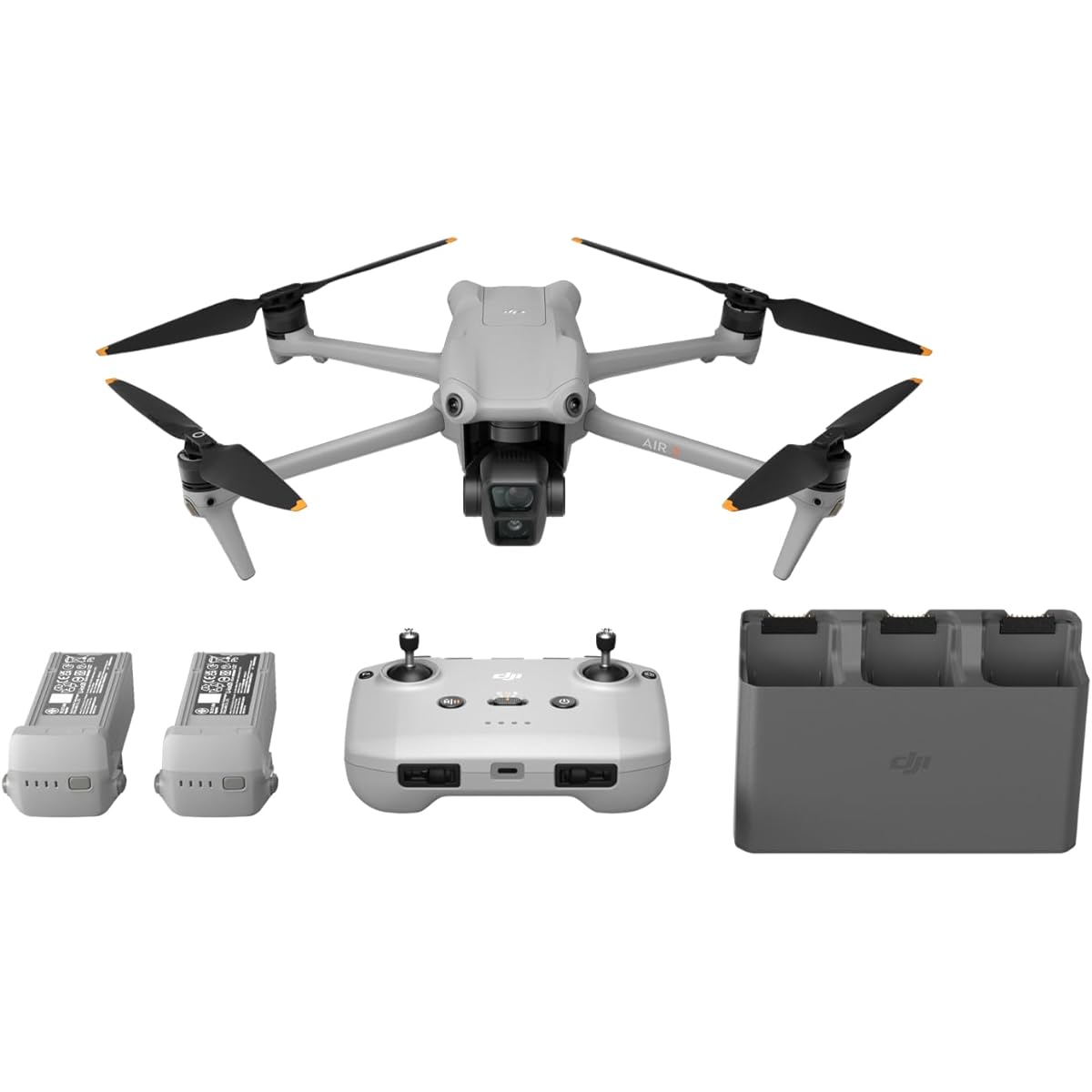 DJI Camera Drone Air 3 Fly More Combo (DJI RC-N2 included) [Remote ID compatible] 4K HDR compatible, two main cameras, medium telephoto and wide angle, maximum flight time of 46 minutes, 48MP photos, O4 video transmission, 2 spare batteries, gray