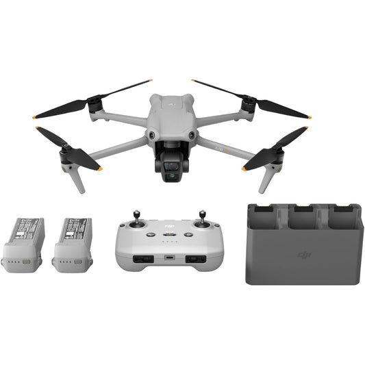 DJI Camera Drone Air 3 Fly More Combo (DJI RC-N2 included) [Remote ID compatible] 4K HDR compatible, two main cameras, medium telephoto and wide angle, maximum flight time of 46 minutes, 48MP photos, O4 video transmission, 2 spare batteries, gray