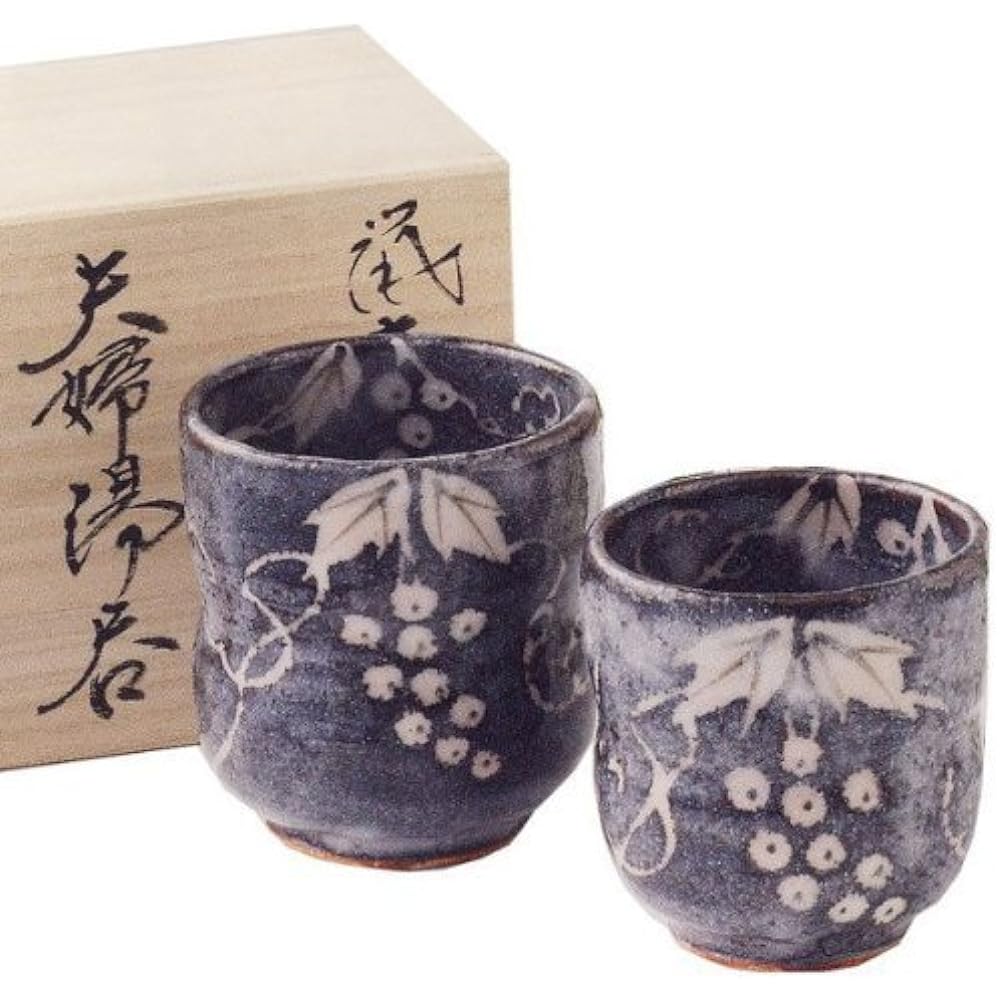 Ale-net Tea Cup Pair Set, Diameter 7.8cm x Height 8.5cm, Nashino Grape Crest Couple Tea Cup, Pair Tea Cup, Hand Painted Pottery, Mino Ware