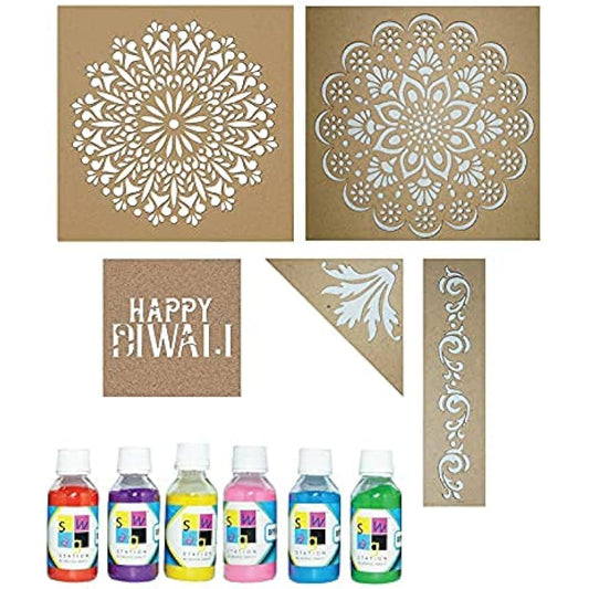 SWAG STATION Mandala Rangoli Making Tool Kit Rangoli Stencils for Floor and Rangoli Powder Rangoli Tool Kit (Set of 5 Stencils, 6 Color Bottles) Rangoli Stencil Set for Home Decoration