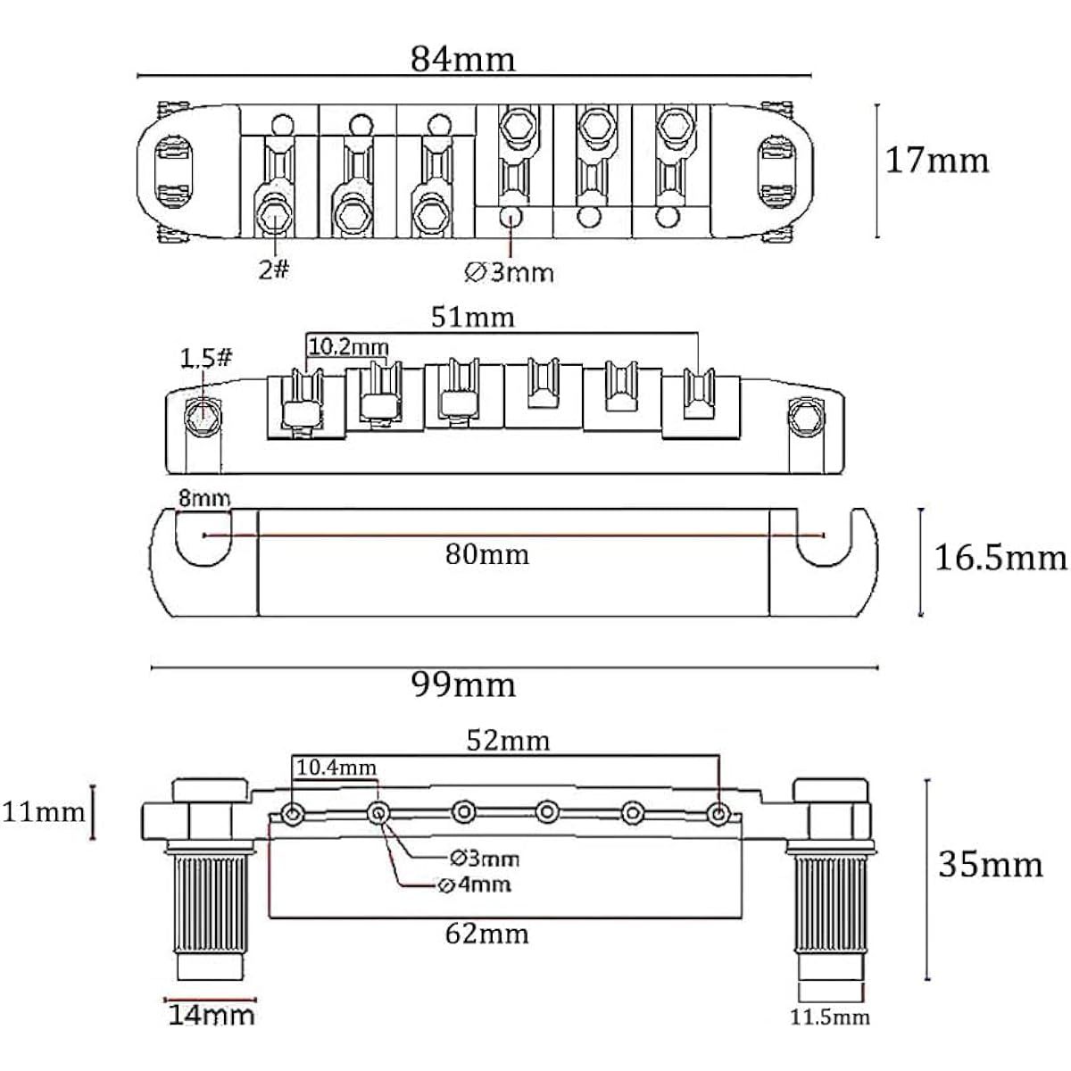 Abr-1 Style Tune-o-matic Bridge Tailpiece Roller Saddle Bridge for Gibson Les Paul Gear Replacement (Black)