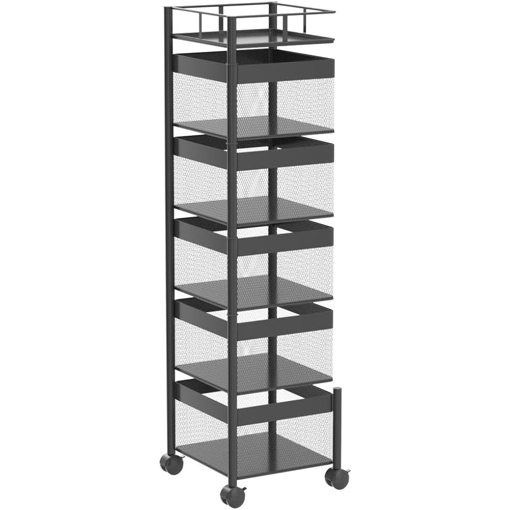 DAIWIN Kitchen Wagon Cart, Seasoning Rack, Storage Wagon, Mobile, Small Items Storage, Basket Rack, Kitchen Storage Cart, Rotating Side Rack, with Casters, Mesh, Easy to Assemble (5 Tiers)