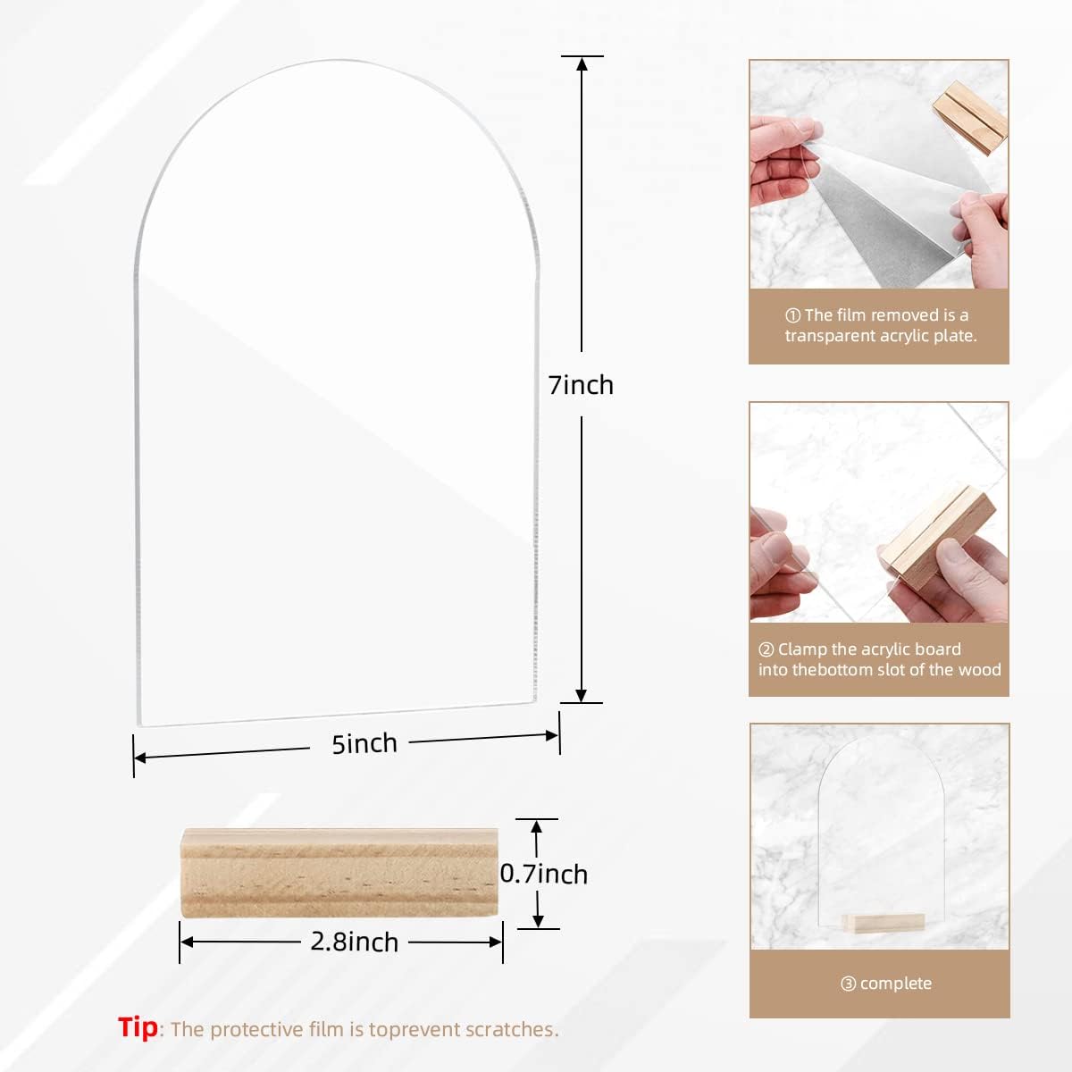 WATHFKCU Clear Arch Acrylic Sign with 10 Wooden Stand Holders DIY Acrylic Blank Table Number Sign for Wedding Coffee Menu Sign Centerpiece Decoration Pack of 10 (5 x 7 inches)