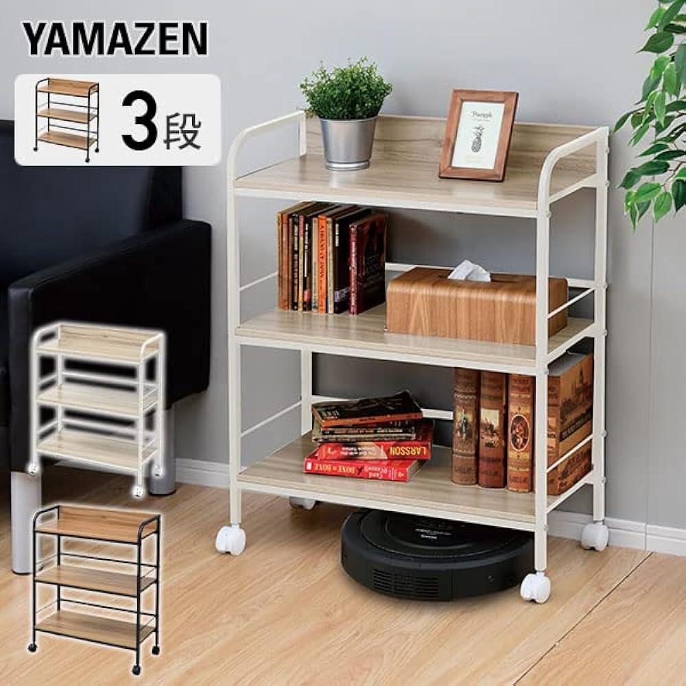 [Yamazen] Rack with casters, 3 tiers, wide, compatible with storage boxes for color boxes, robot vacuum cleaner can pass through, width 62 x depth 27.5 x height 76.7 cm, shelf assembly, oak YZCR-3W (OAK/BK)