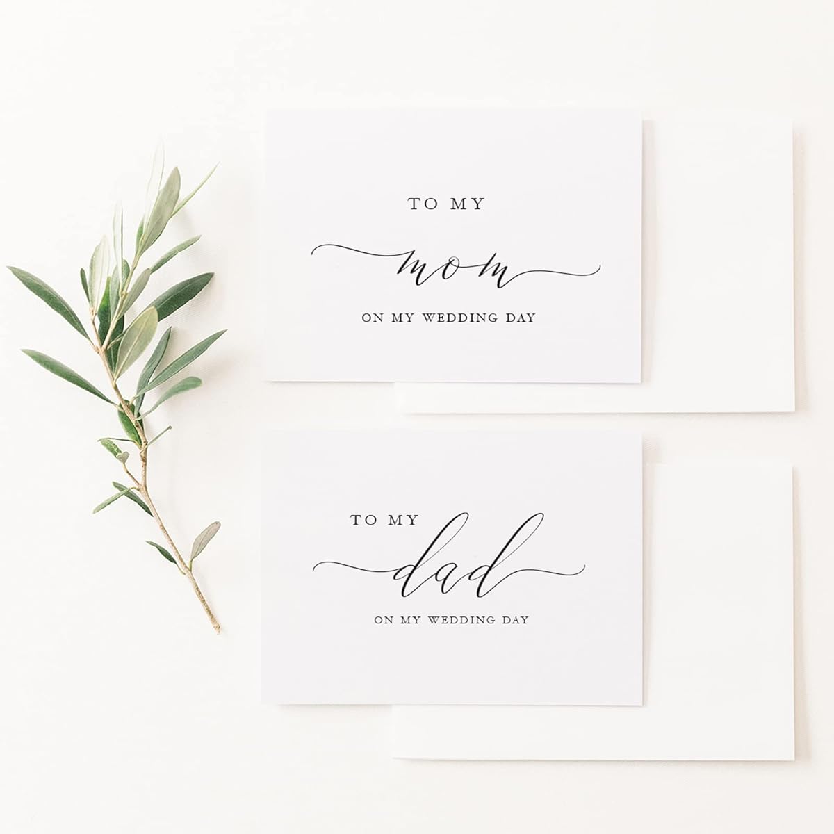To My Mom To My Dad On My Wedding Day Cards 4 x 5.5 Inch Foldable White Cards with Black Calligraphy and Gold Foil Lined Envelopes Set of 2 Cards Elegant Minimalist Style Wedding Cards