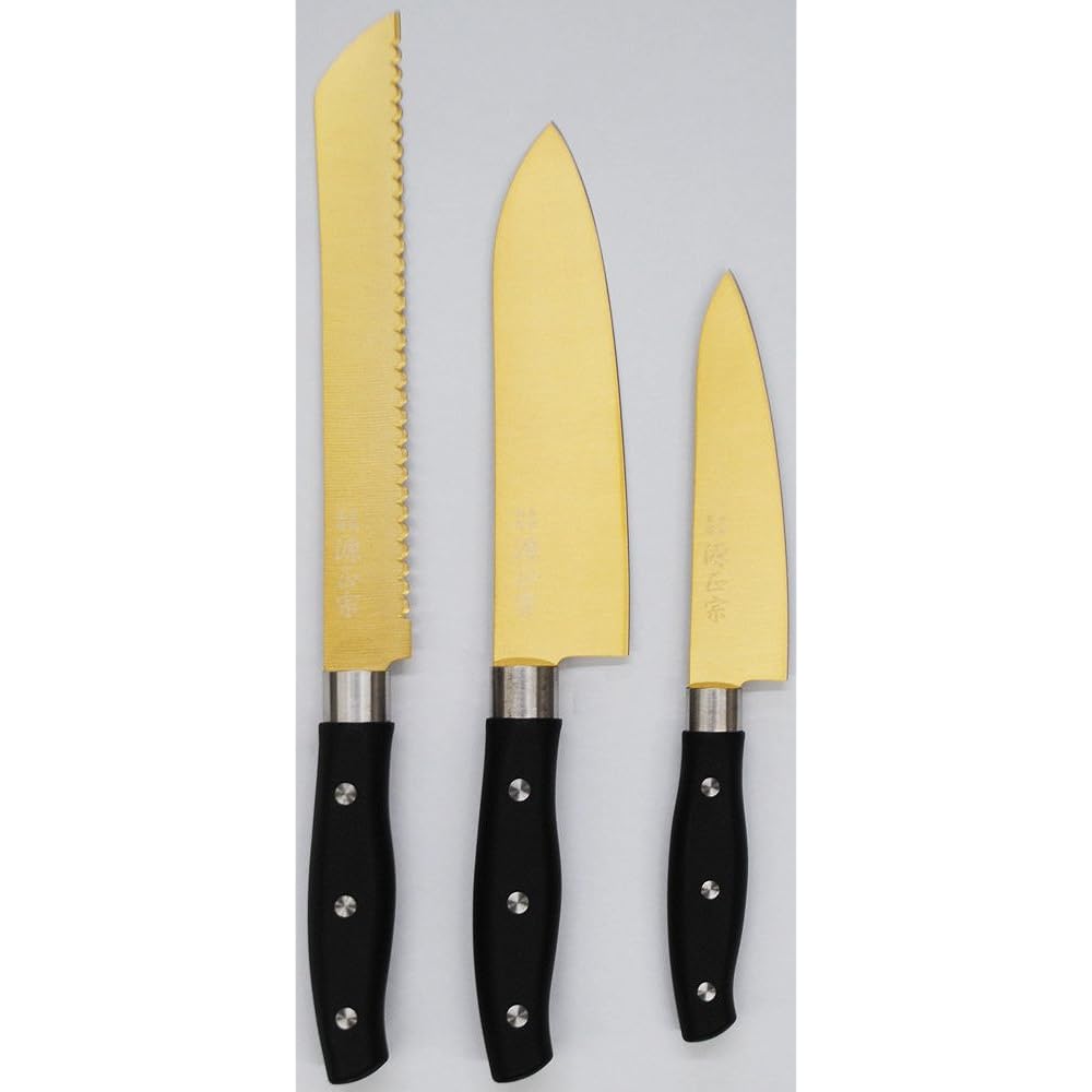 Satake Sangyo Knife Set of 3, Made by Masamune Minamoto, Gift Set, Titanium Coating, Santoku Knife, Bread Knife, Petty Knife, Gold HG3002M