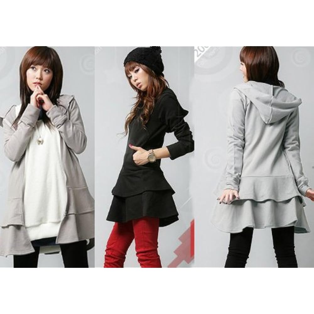 [Gold Japan] Large Size Women's Long Length Parka Dress Ruffles 2 Tier Ruffles Flare Skirt Flare Plain Simple Sporty Casual Black Gray Black Gray Black Gray