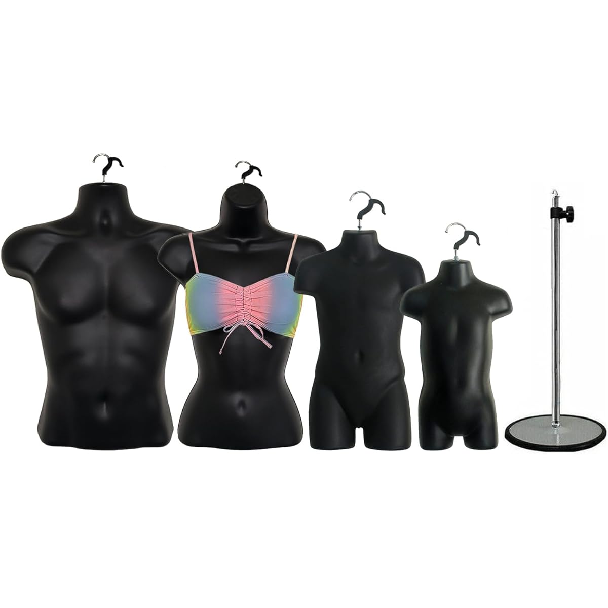 DisplayTown 4 Pieces Mannequin Form Black Family Men Women Children Toddler Set with 1 Metal Base Short Waist Torso Hanging Mannequin Set Hollow Back Plastic Body Form S-M Size