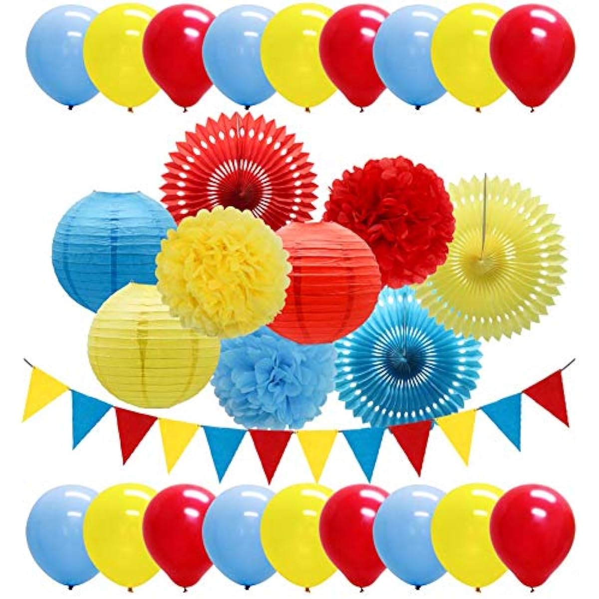 Meiduo Red Yellow Blue Circus Paw Patrol Party Decorations Hanging Paper Fans Lanterns Flower Pom Poms Felt Pennants Balloons for Snow White Princess Party Spiderman Superhero Theme Birthday