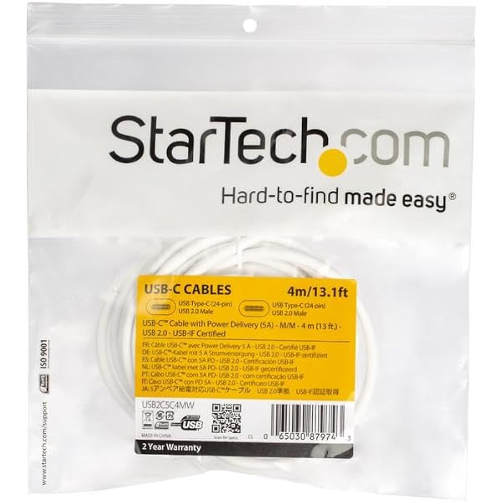 StarTech.com USB 2.0 Type-C Cable White 4m USB PD (Max 5A) USB-C/Male to USB-C/Male USB-IF Certified USB2C5C4MW