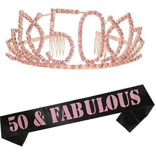 50th Birthday Sash and Tiara for Women - Stunning Glitter Sash + Blooming Rhinestones Rose Gold Premium Metal Tiara for Women 50th Birthday Gifts for 50th Party