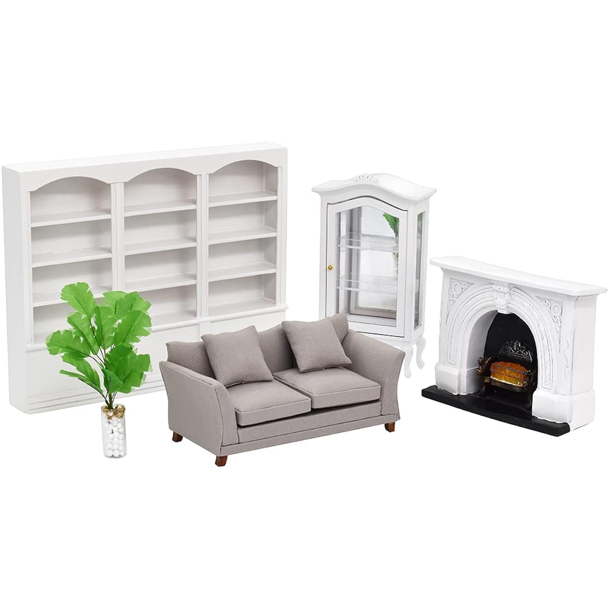 iLAND Dollhouse Furniture Miniature Dollhouse Sofa Book Cabinet Display Cabinet Lighted Fireplace Dollhouse Living Room Plants (Luxurious Modern 5 Pieces)