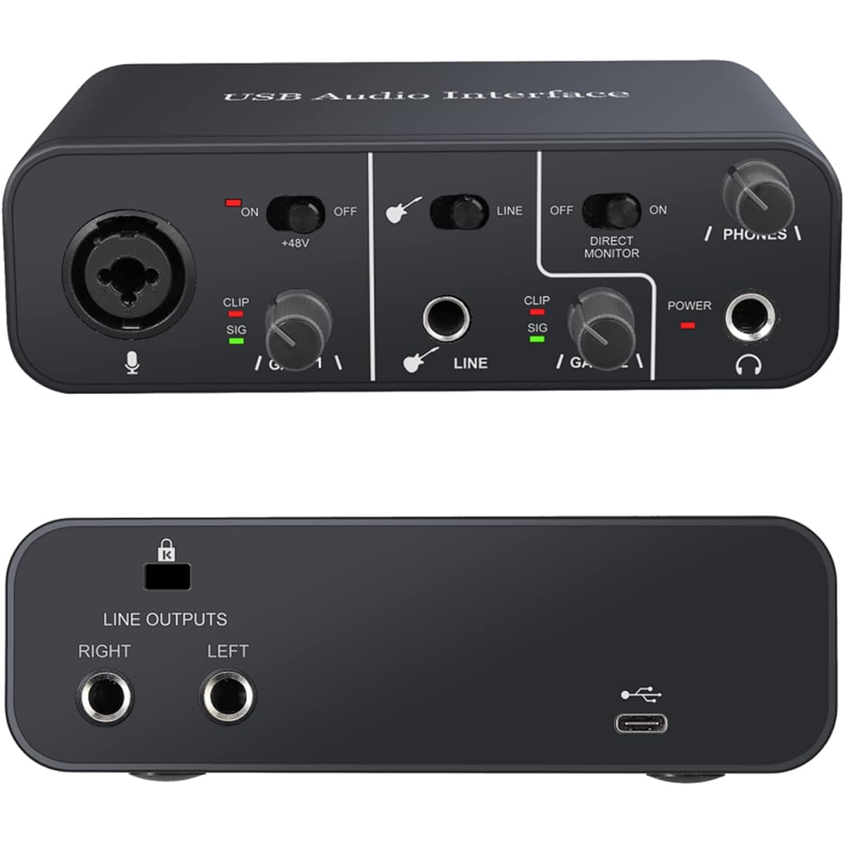 USB Audio Interface 2 in 2 Output, Computer Audio Interface with 48V Phantom Power TRS Balanced Free Driver Installation Supports Studio Sound Recording Streaming and Podcasting for PC/Win/Mac