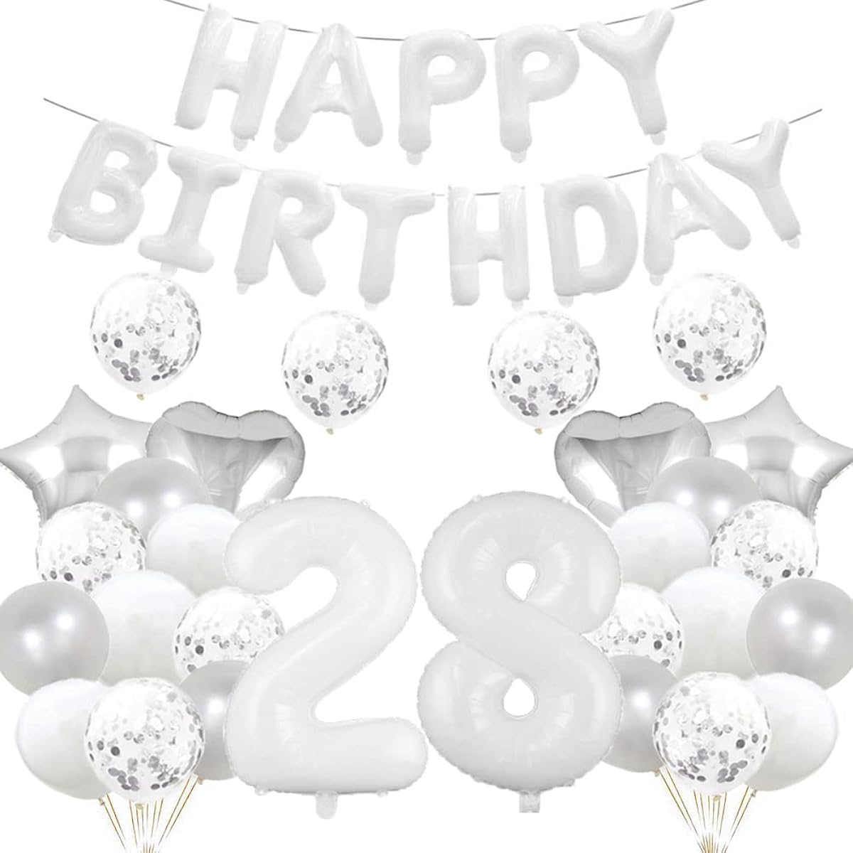 28th Birthday Balloons, 28th Birthday Decorations, White 28 Balloons, Happy 28th Birthday Party Supplies, Number 28 Foil Mylar Balloons, Latex Balloons, Gifts for Women, Men