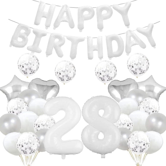 28th Birthday Balloons, 28th Birthday Decorations, White 28 Balloons, Happy 28th Birthday Party Supplies, Number 28 Foil Mylar Balloons, Latex Balloons, Gifts for Women, Men