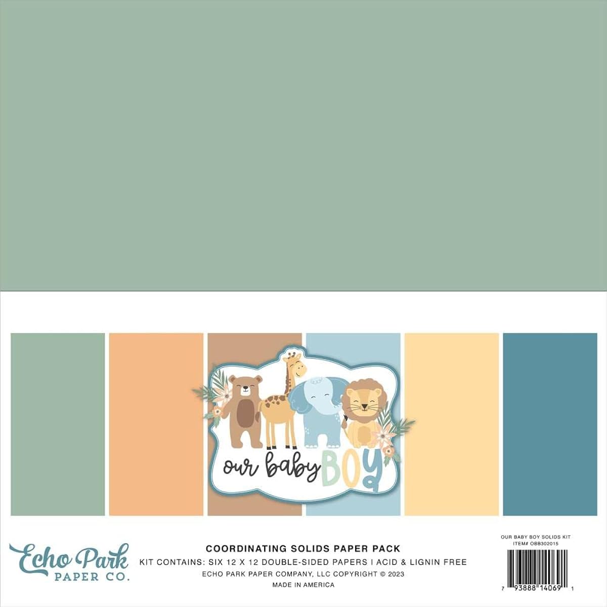 Echo Park Paper Collection Bundle: Our Baby Boy 12" x 12" Plain Paper Pack + Baby Boy 6" x 6" Double-Sided Paper Pack