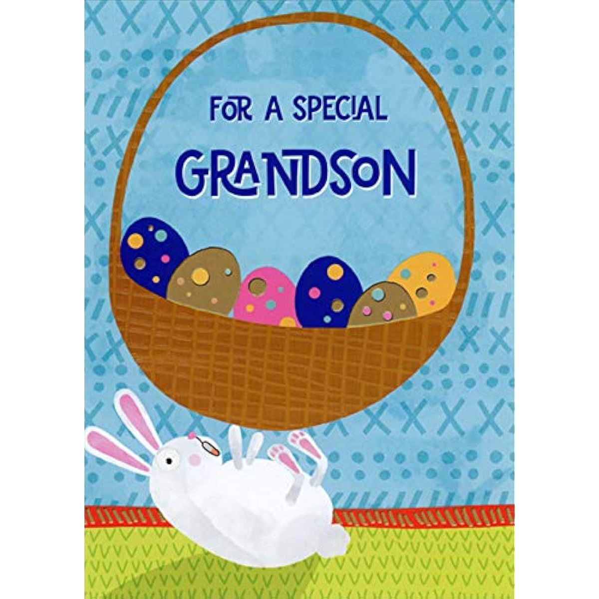 Designer Greeting Card White Bunny Valance Large Brown Basket on Feet: Gold Foil Eggs Boy Easter Card Young Grandchild