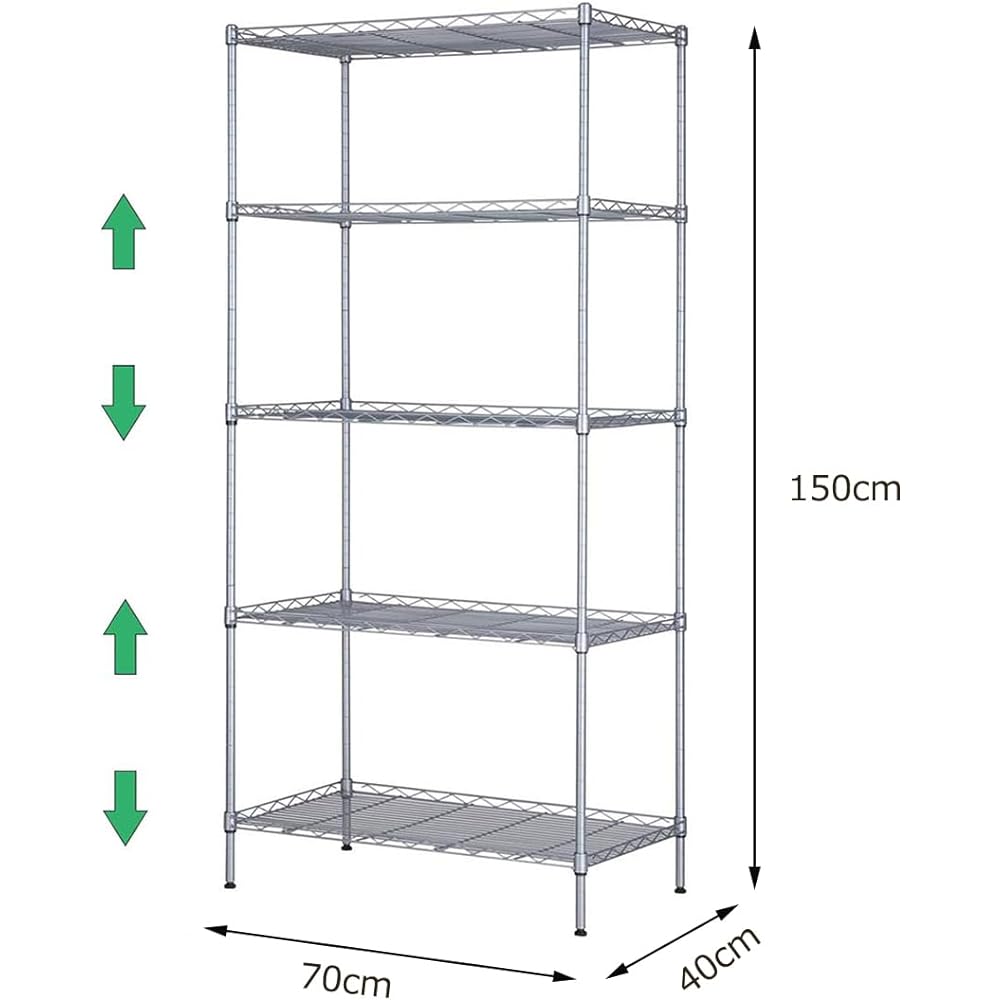 Steel Rack, Metal Rack, Kitchen Rack, Main Body, Height Adjustment, 5 Tiers, Rust Resistant, Storage, Sturdy, with Casters, Silver, Width 70 x Depth 40 x Height 150 cm