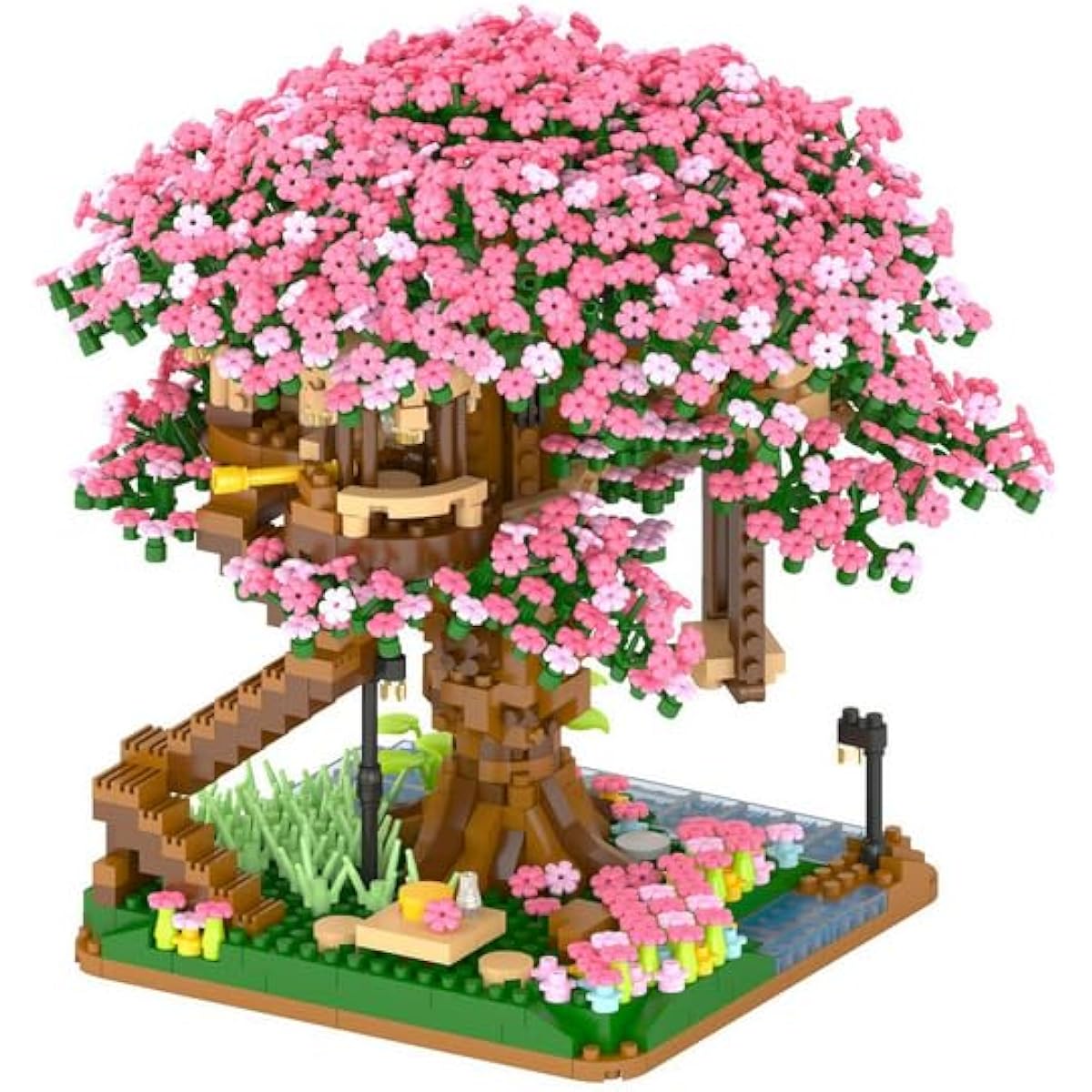 Street View Sakura Bonsai Tree Bricks Model Set 2138 Pieces DIY Sakura Tree House Building Blocks Assembly Mini Particle Construction Toys - Not Compatible with Lego